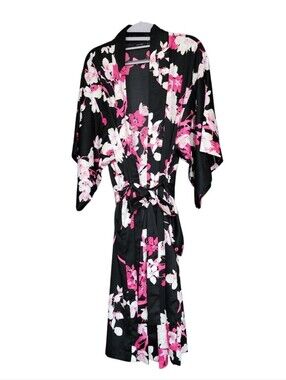 Natori Black Satin Kimono Robe with Pink & White Floral Print